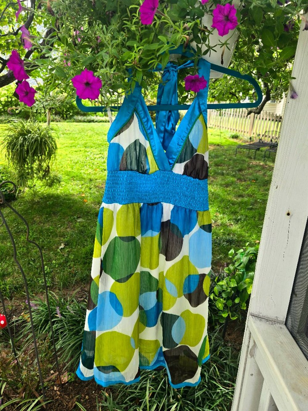 Papaya Halter Neck Dress Size Small Blue Green Geometric Circle Print Y2K Boho